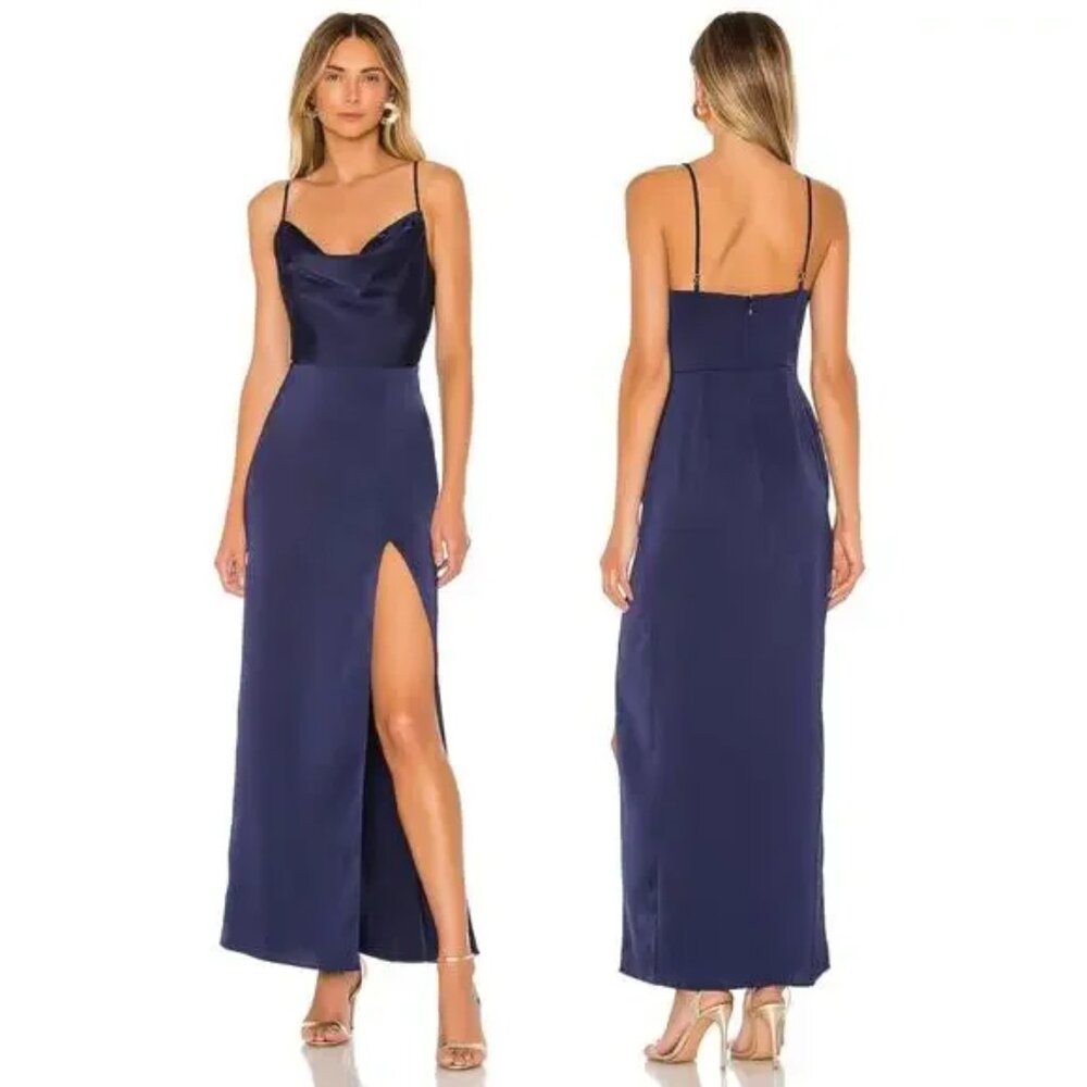 NWT Revolve NBD Lila Gown Maxi Dress in Blueberry Navy Satin Cowl Neck size M